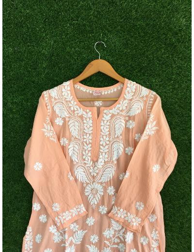 Chhangamal Hand Embroidered Pink Colour Modal Chikankari kurti