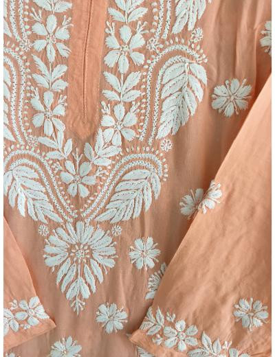 Chhangamal Hand Embroidered Pink Colour Modal Chikankari kurti