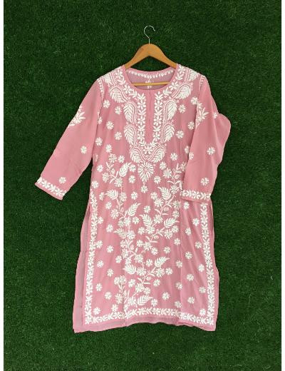 Chhangamal Hand Embroidered Pink Colour Modal Chikankari Kurti