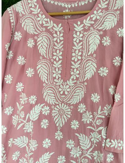 Chhangamal Hand Embroidered Pink Colour Modal Chikankari Kurti