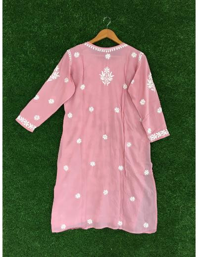 Chhangamal Hand Embroidered Pink Colour Modal Chikankari Kurti
