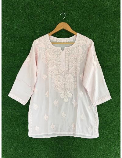 Chhangamal Hand Embroidered Pink Colour Modal Chikankari Top