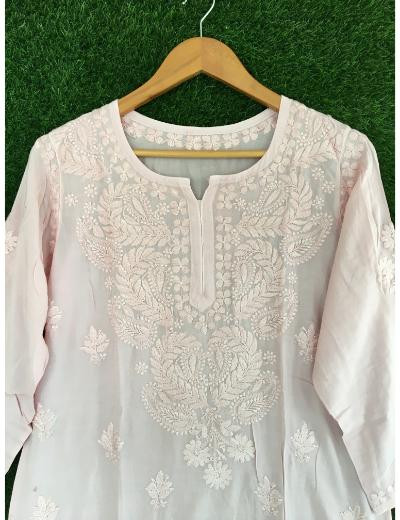 Chhangamal Hand Embroidered Pink Colour Modal Chikankari Top