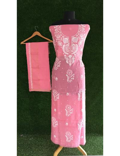Chhangamal Hand Embroidered Pink Colour Mul-chanderi Chikankari Kurta Dupatta Piece