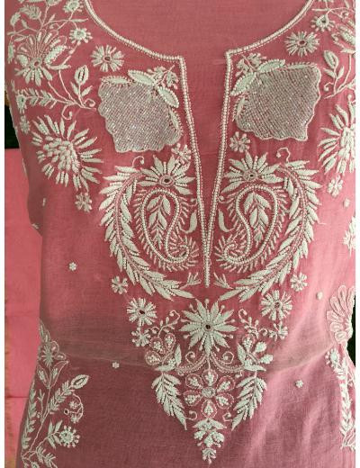 Chhangamal Hand Embroidered Pink Colour Mul-chanderi Chikankari Kurta Dupatta Piece