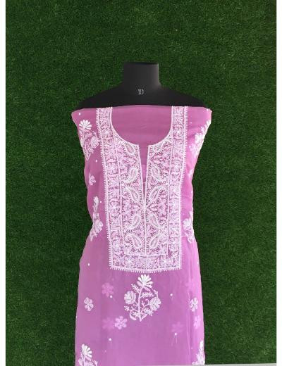 Chhangamal Hand Embroidered Pink Colour Organza  Chikankari Kurta Dupatta Piece