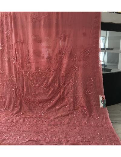 Chhangamal Hand Embroidered Pink Colour Pure Georgette  Chikankari Saree Piece