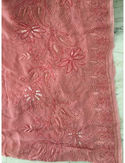 Chhangamal Hand Embroidered Pink Colour Pure Georgette  Chikankari Saree Piece