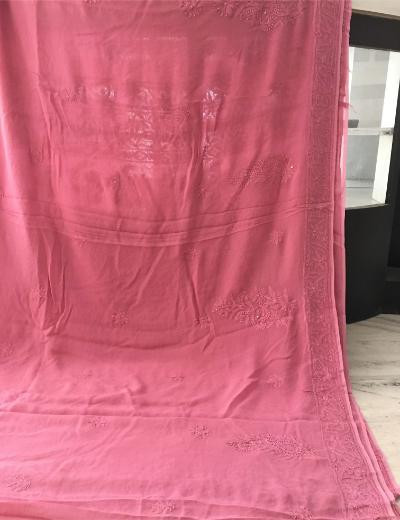 Chhangamal Hand Embroidered Pink Colour Pure Georgette  Chikankari Saree Piece