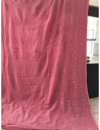 Chhangamal Hand Embroidered Pink Colour Pure Georgette Chikankari Saree