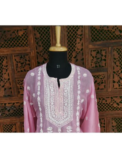 Chhangamal Hand Embroidered Pink Colour Semi stitched Organza Chikankari Suit