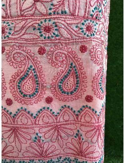 Chhangamal Hand Embroidered Pink Colour Silk Chikankari Suit Length