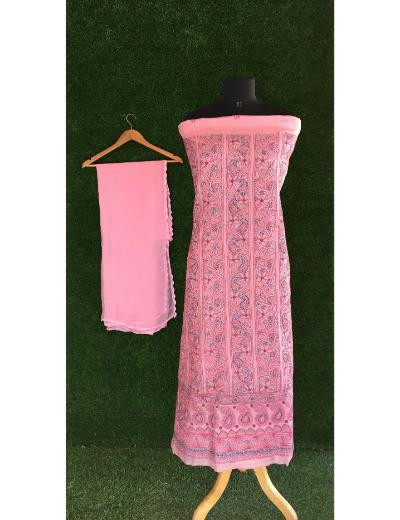 Chhangamal Hand Embroidered Pink Colour Silk Chikankari Suit Length