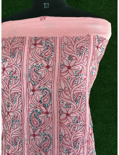 Chhangamal Hand Embroidered Pink Colour Silk Chikankari Suit Length