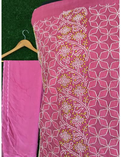 Chhangamal Hand Embroidered Pink Colour Silk Chikankari Suit Length