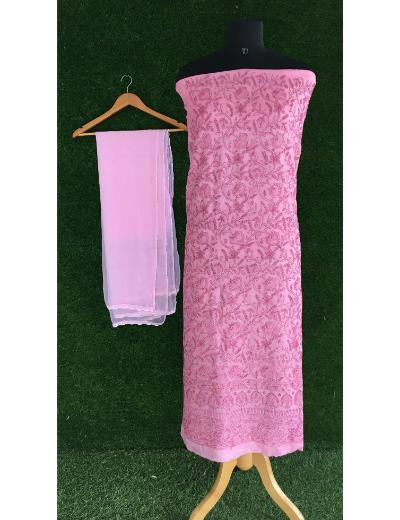 Chhangamal Hand Embroidered Pink Colour Silk Chikankari Suit Piece