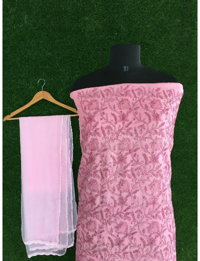 Chhangamal Hand Embroidered Pink Colour Silk Chikankari Suit Piece