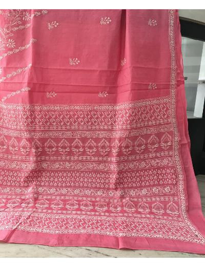 Chhangamal Hand Embroidered Pink Colour Tussar Slik Chikankari Saree