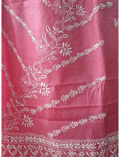 Chhangamal Hand Embroidered Pink Colour Tussar Slik Chikankari Saree