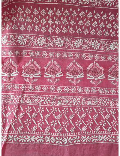 Chhangamal Hand Embroidered Pink Colour Tussar Slik Chikankari Saree