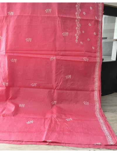 Chhangamal Hand Embroidered Pink Colour Tussar Slik Chikankari Saree