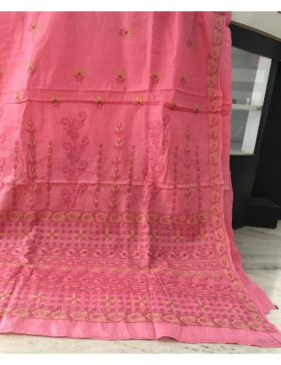 Chhangamal Hand Embroidered Pink Colour Tussar Slik Chikankari Saree