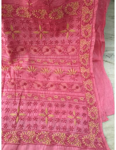Chhangamal Hand Embroidered Pink Colour Tussar Slik Chikankari Saree