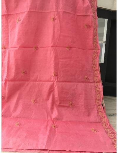 Chhangamal Hand Embroidered Pink Colour Tussar Slik Chikankari Saree