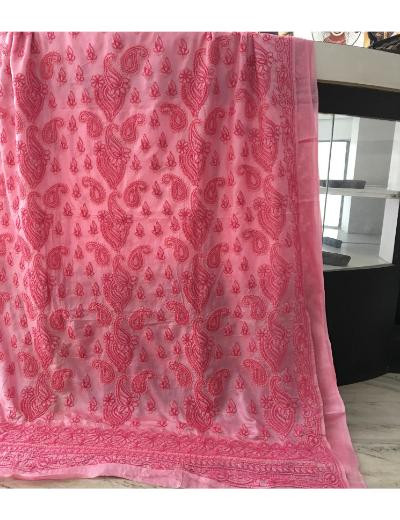 Chhangamal Hand Embroidered Pink Colour Tussar Slik Chikankari Saree