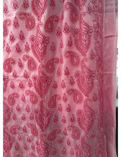Chhangamal Hand Embroidered Pink Colour Tussar Slik Chikankari Saree
