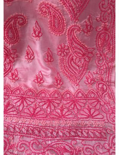 Chhangamal Hand Embroidered Pink Colour Tussar Slik Chikankari Saree