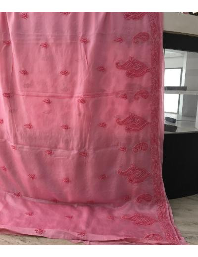 Chhangamal Hand Embroidered Pink Colour Tussar Slik Chikankari Saree