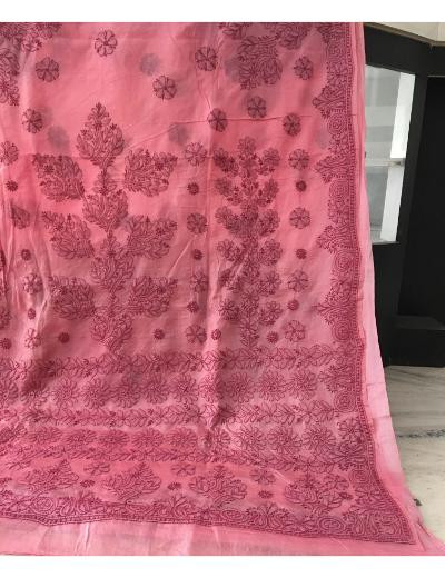 Chhangamal Hand Embroidered Pink Colour Tusser Silk Chikankari Saree