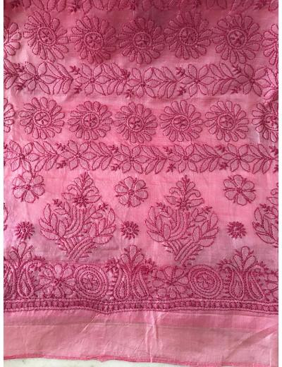 Chhangamal Hand Embroidered Pink Colour Tusser Silk Chikankari Saree