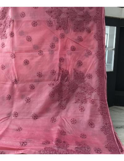 Chhangamal Hand Embroidered Pink Colour Tusser Silk Chikankari Saree