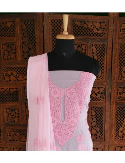 Chhangamal Hand Embroidered Pink Colour Unstitched Faux Georgette Chikankari Suit Length
