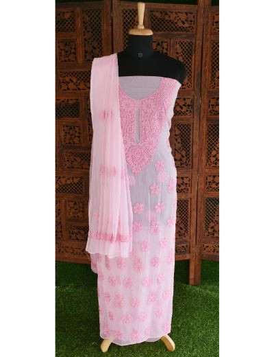 Chhangamal Hand Embroidered Pink Colour Unstitched Faux Georgette Chikankari Suit Length
