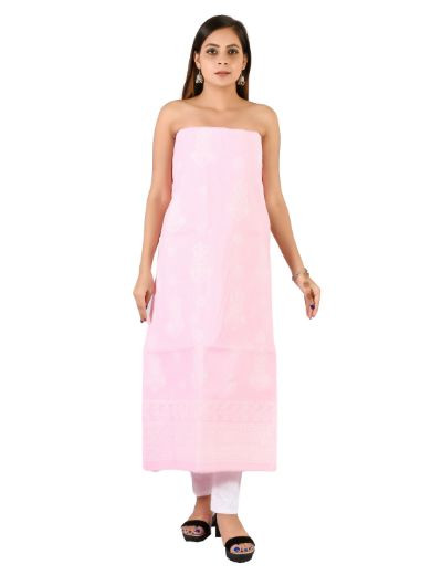 Chhangamal Hand Embroidered Pink Cotton Blend Chikankari Suitlength