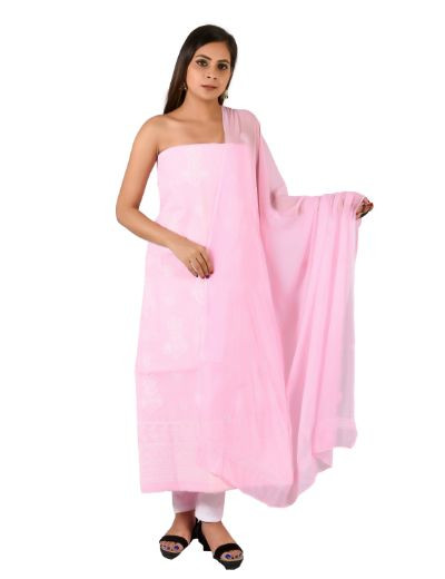 Chhangamal Hand Embroidered Pink Cotton Blend Chikankari Suitlength