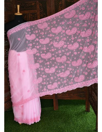 Chhangamal Hand Embroidered Pink Georgette Half Jaal Chikankari Saree