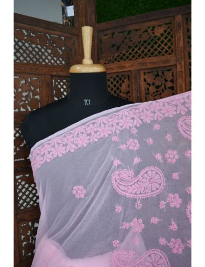 Chhangamal Hand Embroidered Pink Georgette Half Jaal Chikankari Saree