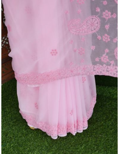 Chhangamal Hand Embroidered Pink Georgette Half Jaal Chikankari Saree