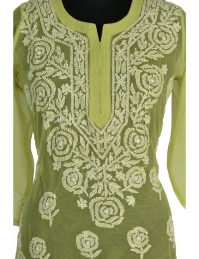 Chhangamal Hand Embroidered Pista Green Colour Faux Georgette Chikankari Kurti 0523