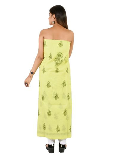 Chhangamal Hand Embroidered Pista Green Cotton Blend Chikankari Suitlength