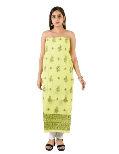 Chhangamal Hand Embroidered Pista Green Cotton Blend Chikankari Suitlength