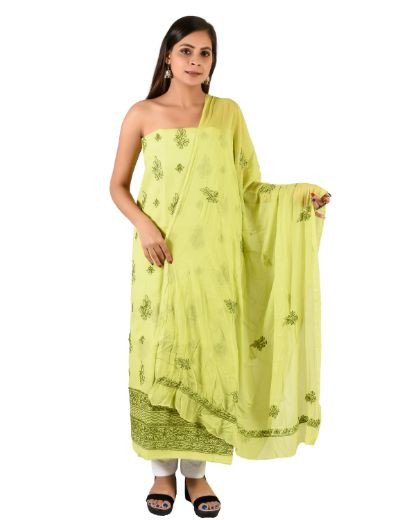 Chhangamal Hand Embroidered Pista Green Cotton Blend Chikankari Suitlength