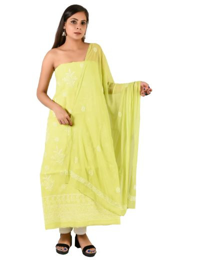 Chhangamal Hand Embroidered Pista Green Cotton Blend Chikankari Suitlength