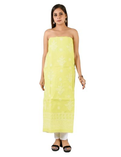 Chhangamal Hand Embroidered Pista Green Cotton Blend Chikankari Suitlength