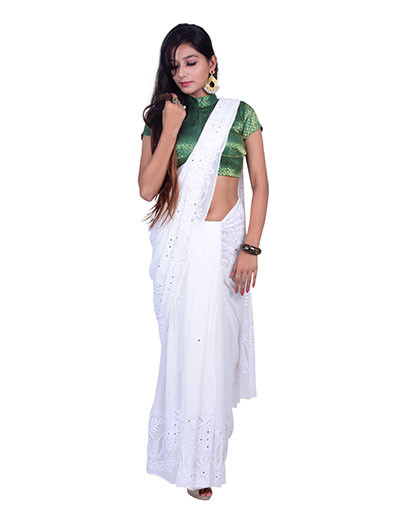 Chhangamal Hand Embroidered Pure Georgette White Color Chikankari Saree