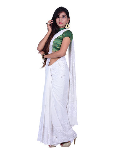Chhangamal Hand Embroidered Pure Georgette White Color Chikankari Saree